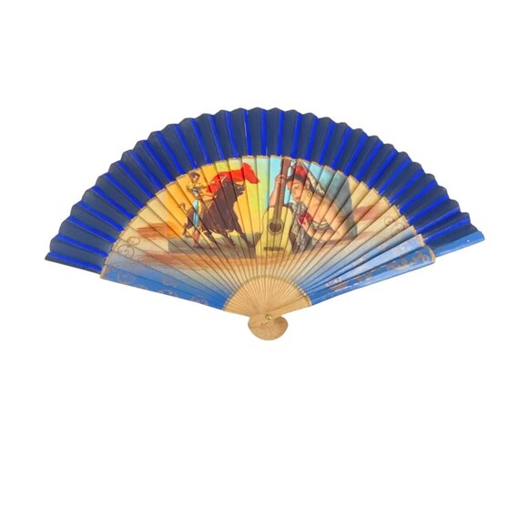 Vintage Handheld Folding Fan Spanish 1960s Flamenco Dancers Scene Blue Retro Fan - Picture 3 of 6